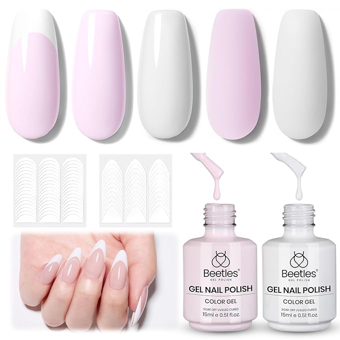 Beetles French Tip Gel Polish Set - Spring White Pink Gel Nail Polish Set Soak Off UV LED with 2 Styles Classic French Nail Art Sticker Sheets Manicure DIY Home Salon Gifts for Women Pure French