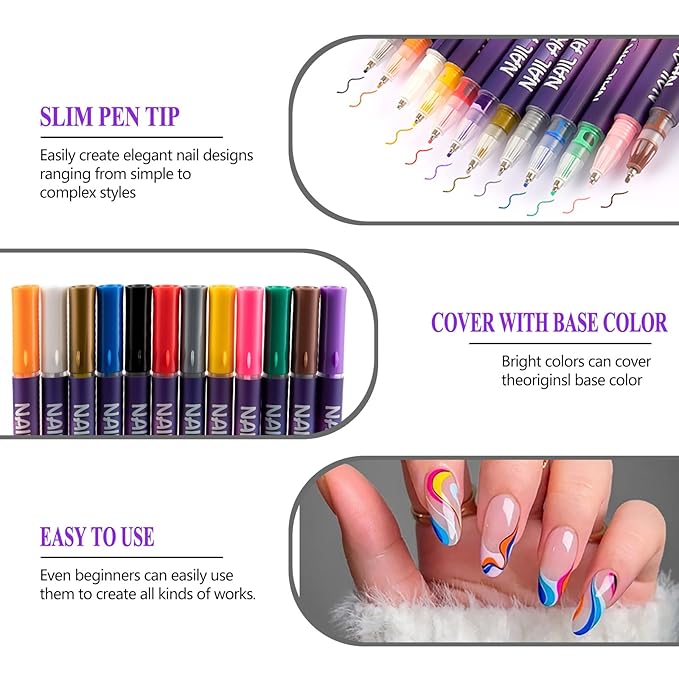 12 Colors Nail Art Pens Set, Nail Art Markers for Painting Nails - 0.5mm Fine Tip Nail Pens for Nail Art, Water-Based Quick Dry Nail Art Supplies Kit, Solid Color DIY Nail Art Tools