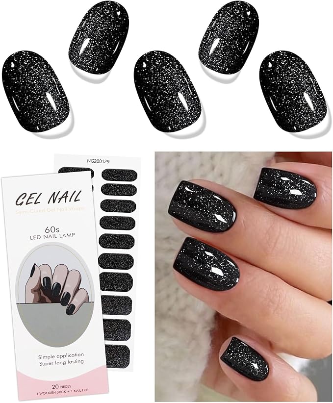 JMEOWIO Gel Nail Stickers Black Glitter Halloween Semi Cured Gel Nail Strips Wraps UV/LED Nails Art Design Decoration Accessories