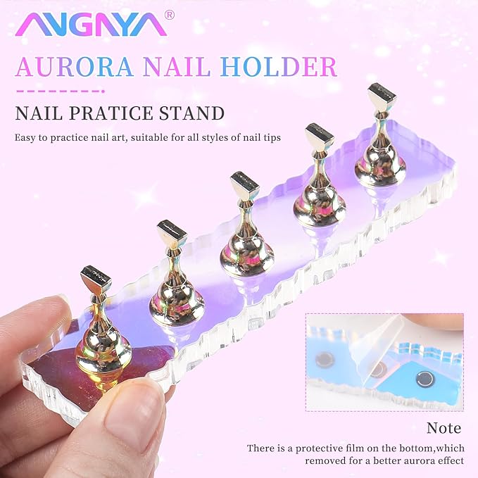 ANGNYA 2 Set Nail Stand, Aurora Nail Holder for Painting Nail Stand for Press on with 96 Pcs Reusable Sticky Putty Nail Display Stand Nail Hand Practice Magnetic Nail Art Tools for Homes and Salons