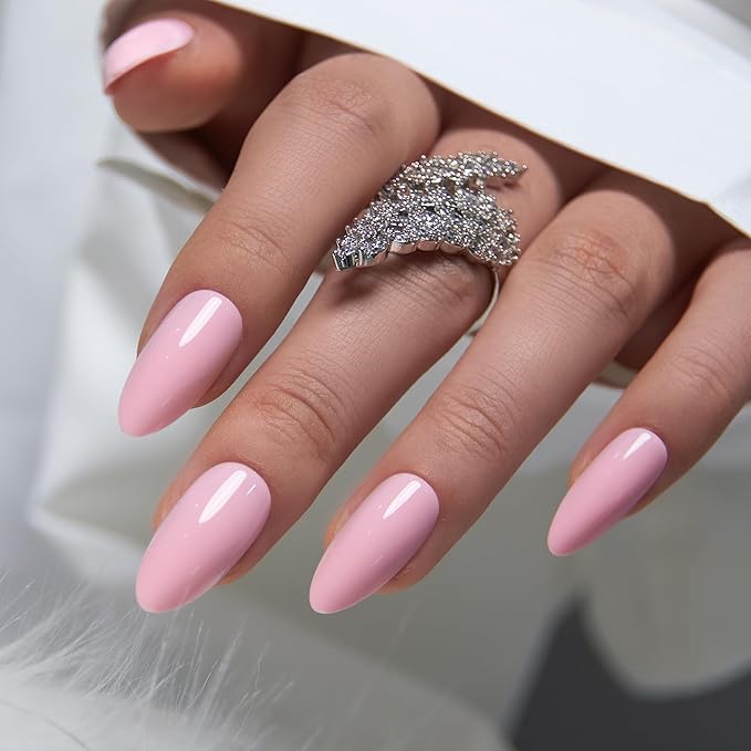 CurvLife Press On Nails Long Almond Solid Pink, Glossy Soft Gel Fake Nails, Reusable Salon Look Manicure for Women Teens Beginners, 30pcs, Daily Wear Work Party