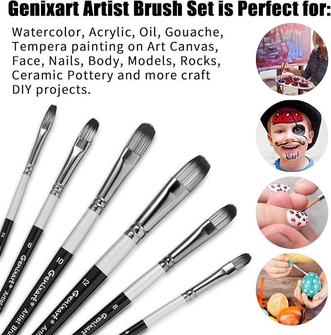 Filbert Paint Brushes Set, 6 Pcs Artist Paintbrushes for Acrylic Oil Watercolor Gouache Painting, Premium Nylon Hair Art Paint Brush for Beginners and Professionals