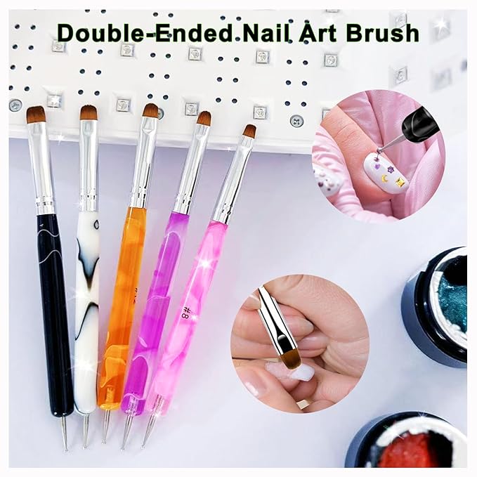 Nail Art Brushes Set, 5PCS Nail Design Painting Brush Set with Nail Polish Brush,French Nail Extension Gel Brush & Builder Nail Gel Brush,Carved Brush,Multi-Size Dotting Pens for DIY Nail Art