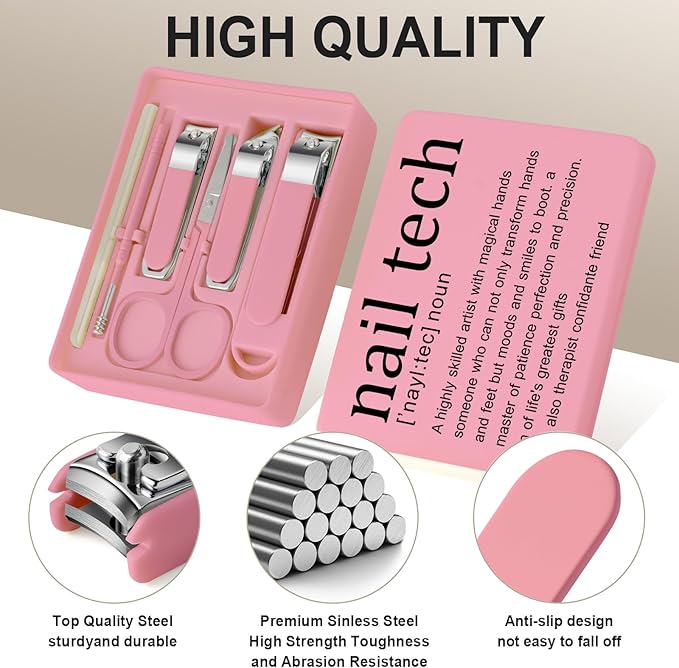 Nail Clippers and Beauty Tool Portable Set Nail Clipper Set Martensitic Stainless Steel Manicure Set 6 in 1 Suitable for Home, Workplace, Outdoor Travel, Gift Giving, Salon (Nail tech Pink)