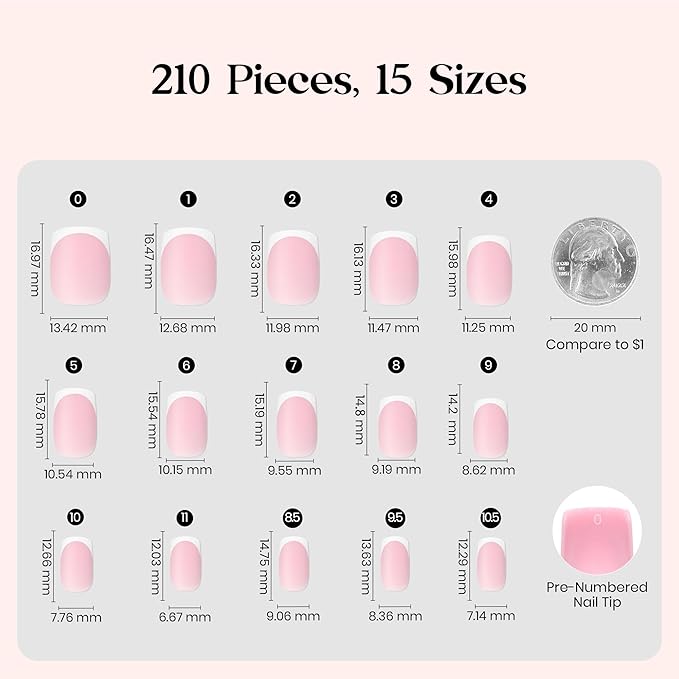 Beetles X Press Plus French Tip Nails - Peach French | Pink Extra Short Square Press On Nails | 15 Sizes 210 Pcs Natural Salon Quality Gel Nail Tips