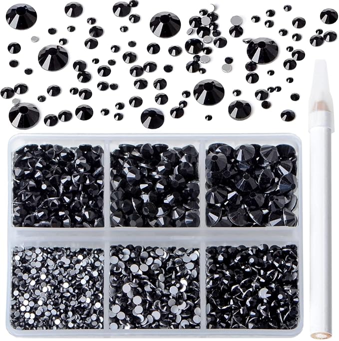 Bymitel 5000 Pieces 6 Mixed Sizes Glue Fix on Glass Rhinestones Round Crystal Gems Flatback for DIY Jewelry Making with one Picking Pen(Mix: SS4-SS30/5000PCS, Black)