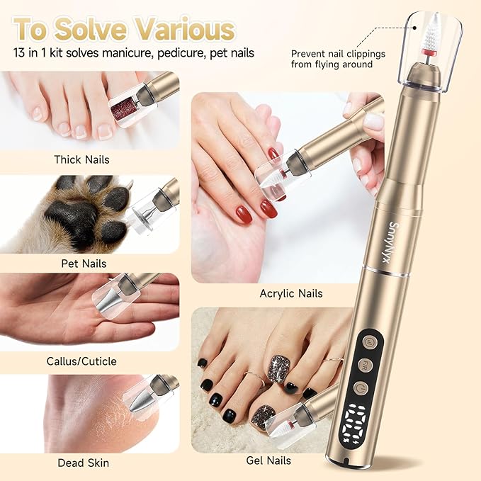 Cordless Electric Nail Drill 35000 RPM, Professional Nail File Kit with LCD Display, 12 Bits & 36 Sanding Bands, for Acrylic Gel Nails, Pet Claws, Salon & Home Use (Sand Dune)
