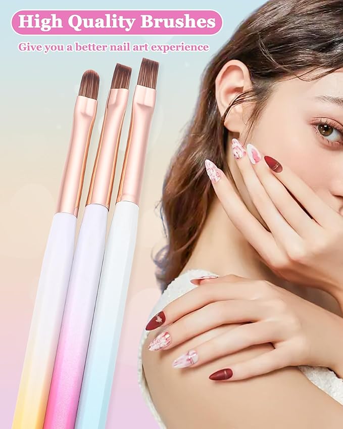 outopen 3Pcs Nail Art Clean Up Brushes, Oval/Flat/Angled Fine Nail Brushes Set Professional Nail Painting Brushes for Cleaning Polish Mistake and Nail Gel Application