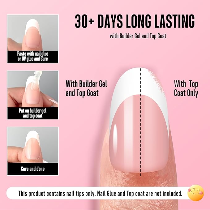 NOVO OVO White French Tip Oval Nail Tips Press on BABY PINK, Extra Thick Medium Soft Gel Fake Nail Acrylic Extension, Need Builder Gel Top Coat, No Glue Included, for Salon DIY x 15 Sizes 240 pcs