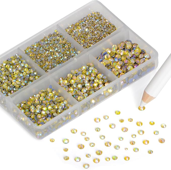 NCB Hotfix Iron on 8000pcs Crystal Rhinestones Round Gem for Crafts Decoration DIY Jewelry Making with a Picking Pen (Citrine AB, 6Sizes SS3-SS12)