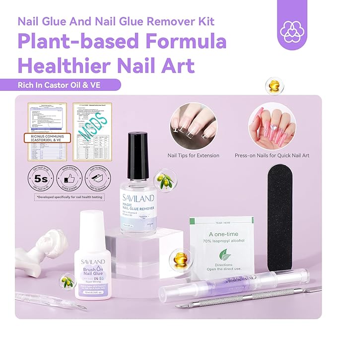 SAVILAND Nail Glue Remover With Nail Glues Cuticle Oil Pen for Press On Nails Glues 5s Dry Super Strong, Castor Oil VE Fast & Gentle for Acrylics