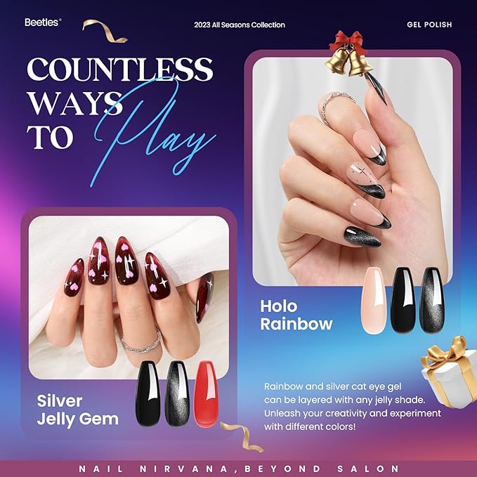 Beetles Gel Nail Polish - 39 Pcs Jelly Nail Set Glitter Changing Nail Polish Kit Treasure Box Collection with 3Pcs Base Matte and Glossy Top Soak Off Nails