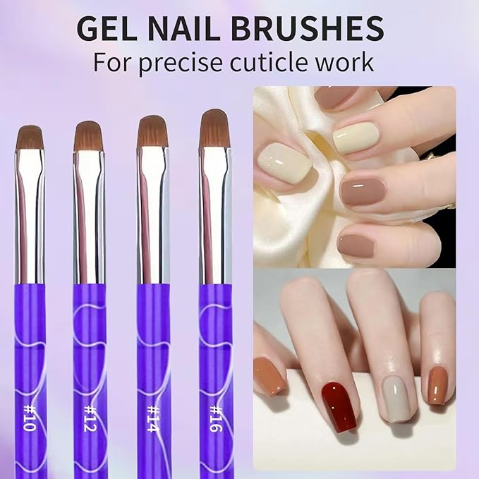 4Pcs French Tip Brush, Double-Ended French Brushes for Nails with Dotting Tool, Clean Up Brush for Gel Nail Polish, Size 10/12/14/16, Acrylic Nail Art Brushes, Manicure Tools for Nail Design-Lavender