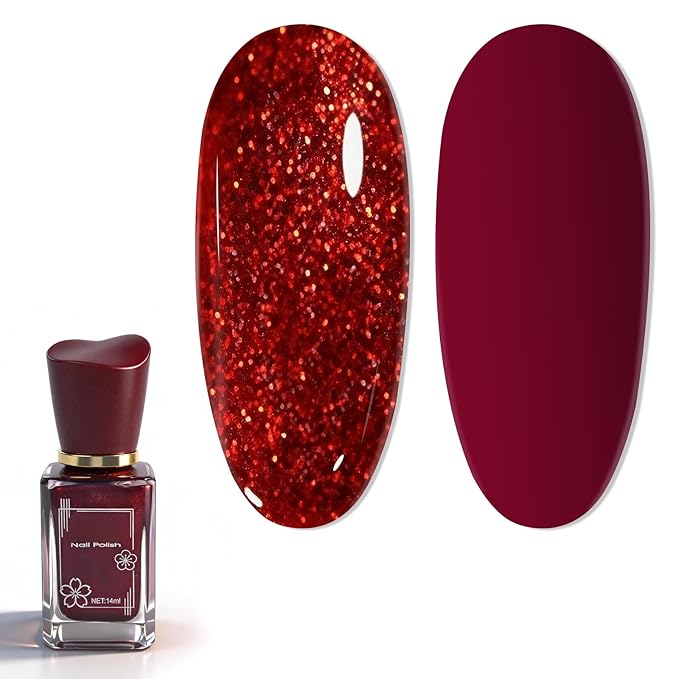 Shimmer Red Nail Polish, 14 ML Quick Dry Nail Polish for Nail Art DIY Manicure at Home, Chip Resistant Nail Lacquer for Nail Art Varnish, Long Lasting, BOG125