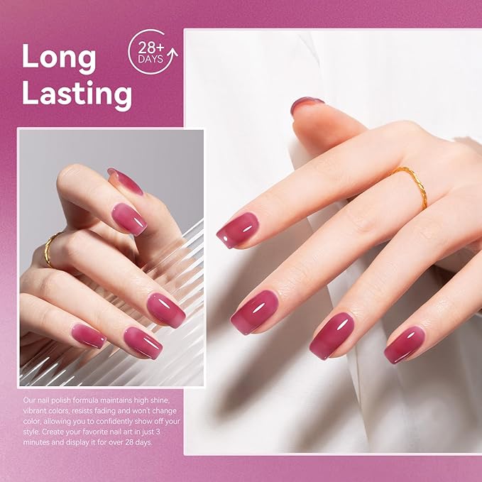 MEGIOR Jelly Plum Gel Nail Polish 0.5 Fl Oz Neutral Transparent Berry Colors Soak Off UV LED Lamp Light Cure Gel Polish Kit for Salon and Nail Art Starter Manicure DIY at Home