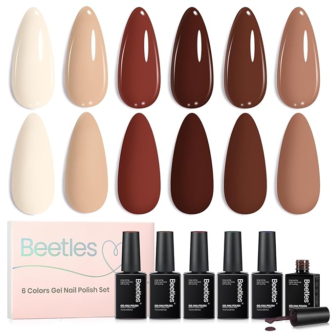 Beetles Brown Gel Polish Set - Toasty Aroma Collection, 6 Colors Nude Brown Trendy Colors Uv LED Lamp Salon DIY at Home Nails Gifts for Women