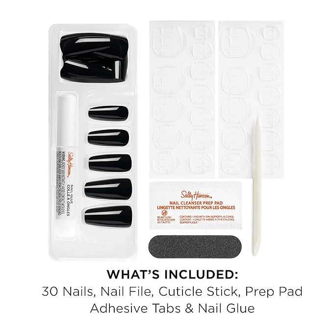 Sally Hansen Salon Effects Perfect Press-On Nails | Coffin Shape | Easy to Apply, Non-Damaging | 30 Nails, Nail Glue, Adhesive Tabs, File | Onyx-Pected