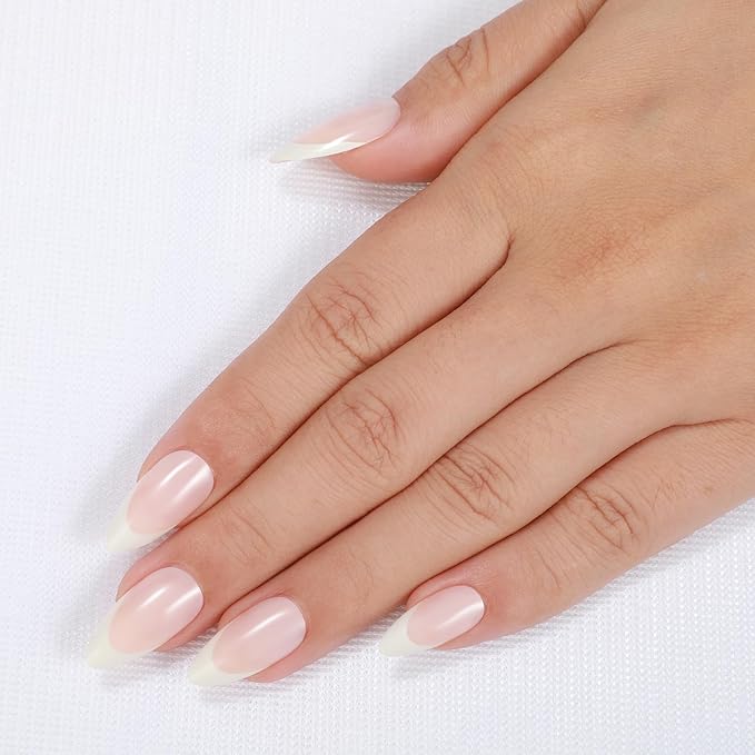 Rnker French Tip U Shape Press On Nails - White, Almond Top gel Nails with Bright Finish, 15 Sizes - 30 Nail Kit with Glue