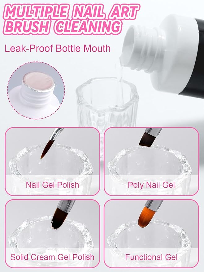 EBANKU Poly Gel Slip Solution for Nails - Anti-Stick Slip Solution for Builder Gel Nails, Brush Clean Liquid with Dual-Ended Nail Brush, 3PCS Nail Clips for Beginners & Home Salon, 2.5oz