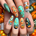 Halloween Press on Nails with Stars Moon and Pumpkin Pattern, Almond Fake Nails, Glossy False Nails, Full Cover Acrylic Stick on Nails for Women DIY Manicure Decoration 24 Pcs