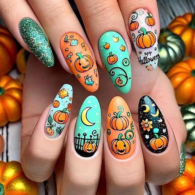 Halloween Press on Nails with Stars Moon and Pumpkin Pattern, Almond Fake Nails, Glossy False Nails, Full Cover Acrylic Stick on Nails for Women DIY Manicure Decoration 24 Pcs
