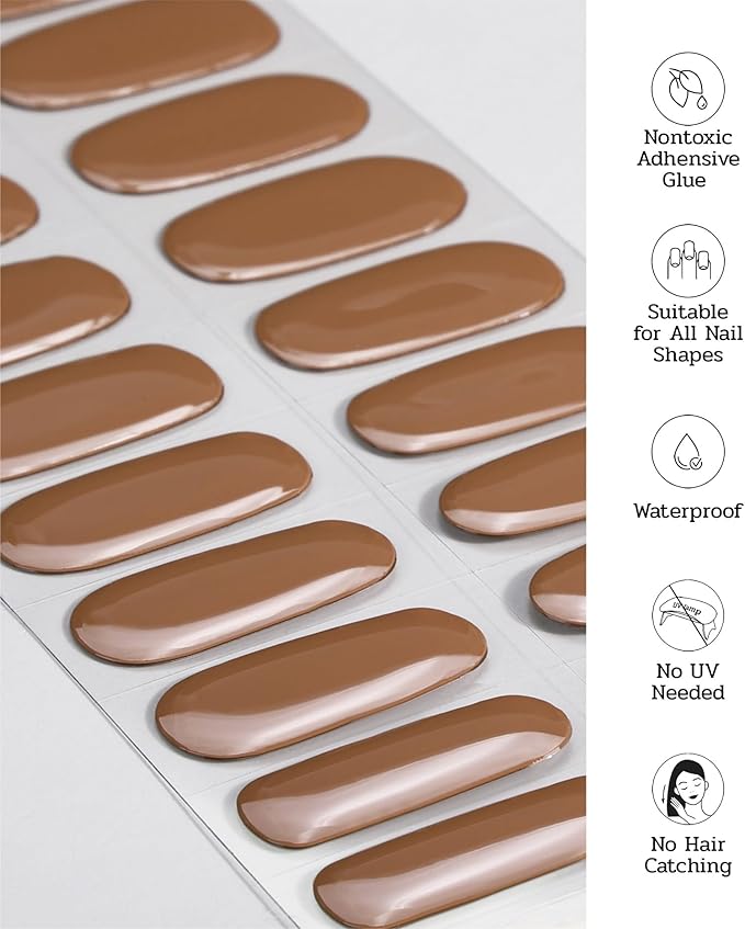 Nail Polish Strips (No UV Lamp Needed) - 22 Pcs Salon Quality Gel Nail Stickers - Long Lasting Wraps (Hazelnut Nutty Brown)