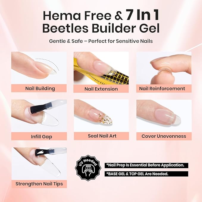 Beetles Builder Gel for Nails HEMA-Free,2 Colors 7 in 1 Clear & Nude Strengthener Gel for Building Apex & Extension UV & LED Lamp Cured Sensitive Nails Friendly for Beginners DIY Salon at Home