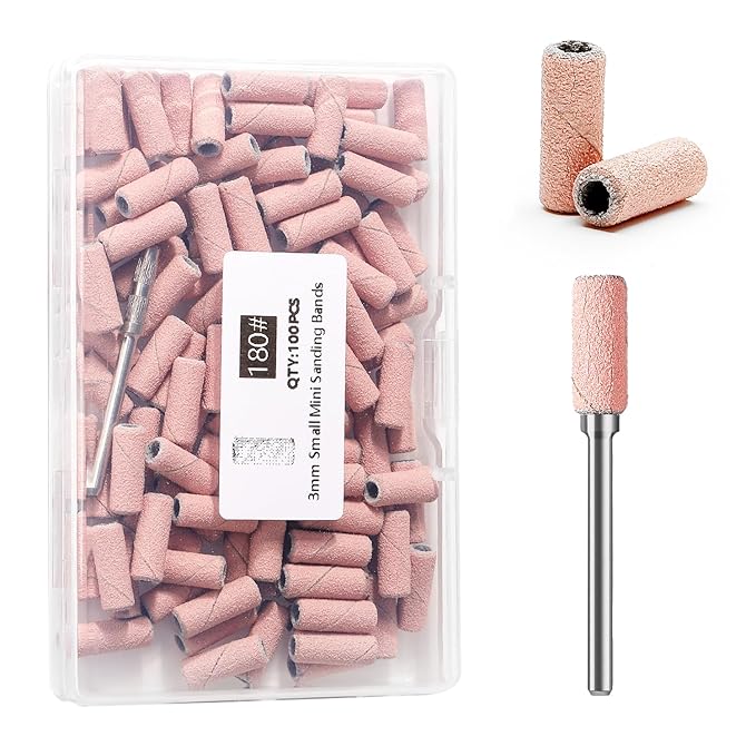 100pcs Nail Drill Bits Small Sanding Bands with Upgrade 3.1mm Mandrel Bit,180 Fine Grit Nail File Sanding Bands for Acrylic Nails Gel Removing Shaping Manicures and Pedicure(Pink, 180 Grit)