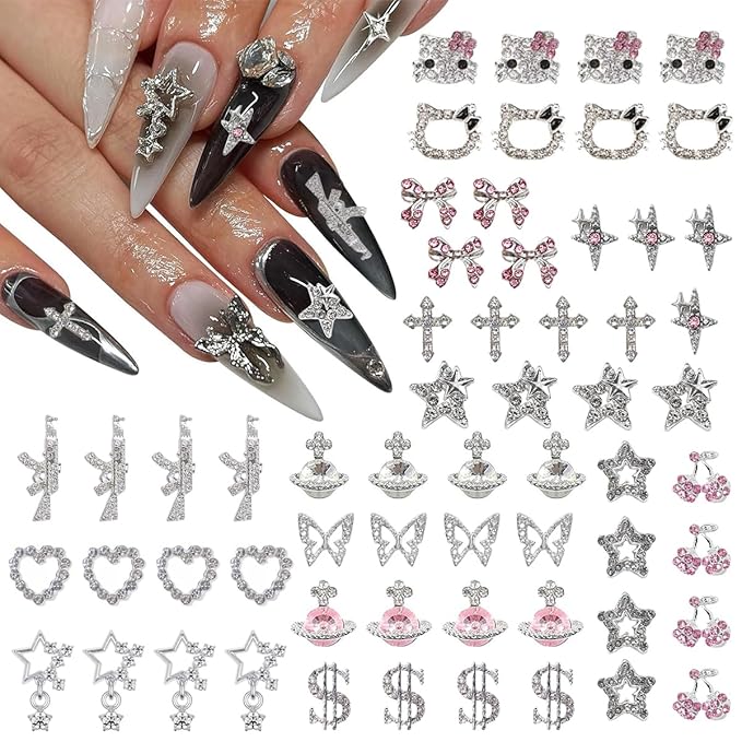60Pcs Nail Charms Rhinestones Gems Kitty Heart Star Gun Planet Cross Jewelry for Acrylic Nails Accessories Women Nail Decorations Manicure Craft DIY Nail Art Supplies