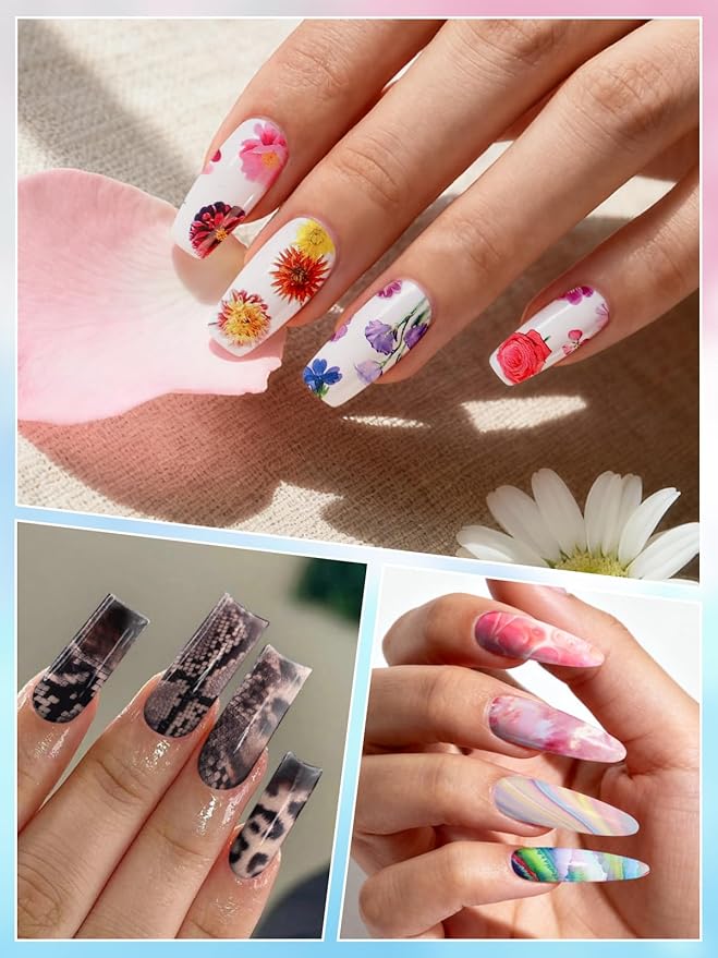 Kalolary 30ML Nail Foil Glue Gel with 60Pcs Foil Transfer Stickers Set, Holographic Laser Buffalo Plaid Flower Leopard Cheetah Nail Art Transfer Stickers for Salon Home Use