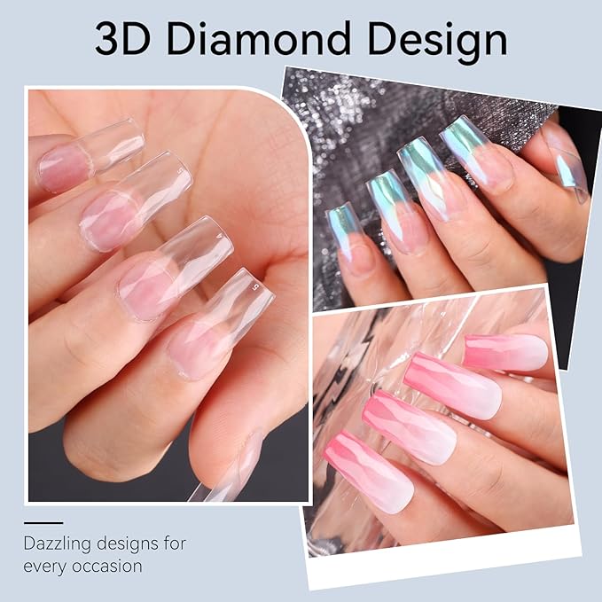 Makartt Medium Square Soft Gel Nail Tips: 120pcs 3D Diamond-Shaped Fake Nails Extension, 12 Sizes Full Cover Clear Press-On Tip, Natural Rhombus Lattice, Suit for Chrome Nail Powder
