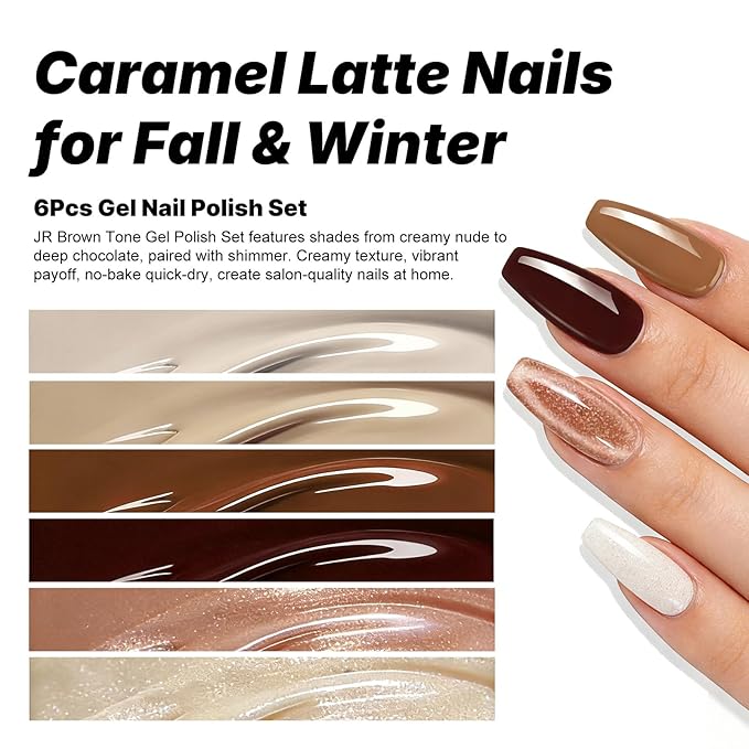 JR Light Brown Gel Nail Polish Set, 16ml Full Size Bottle 6 Colors Brown 9D Cateye Glitter Nail Gel Polish Gift Soak Off Led Nail Art Kit Salon DIY Colorful Bottle G