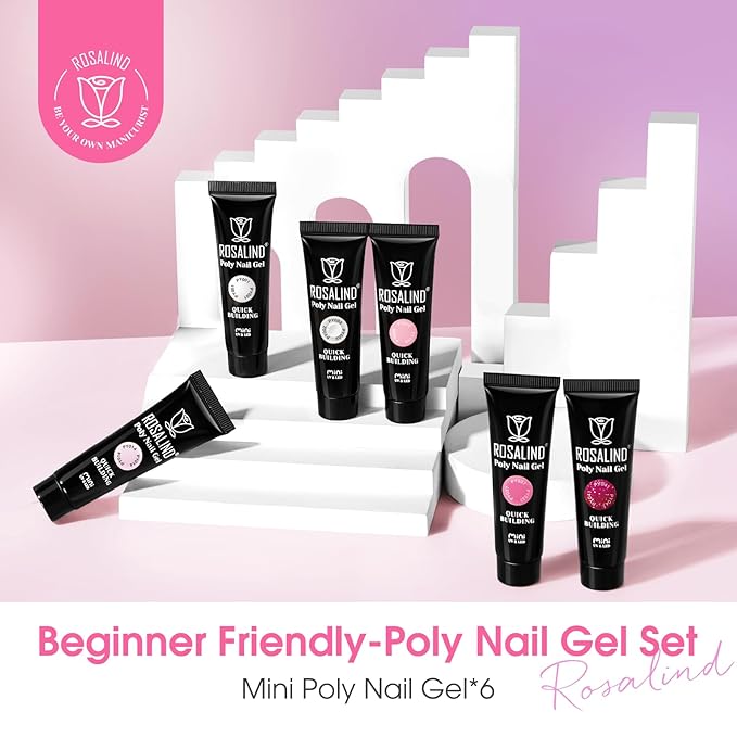 ROSALIND White Pink Glitter Christmas Poly Nail Gel Set, 6 Colors 0.34 oz/10 ml Nail Enhancement Thicker Gel Poly Extention Gels Nail Strengthener for Beginner, Manicure 3D Diy Set Need U V/LED Light