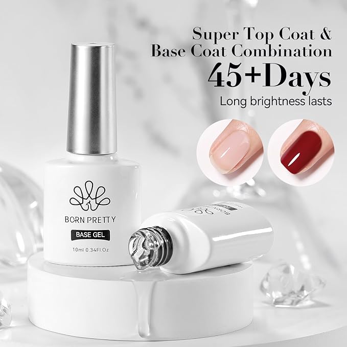Born Pretty Base & Top Coat Set 2PCS, High Glossy Top Coat, Base Gel for Long Lasting Nails Shine Finish, Nail Art DIY Design Manicure Gifts for Women 10ML