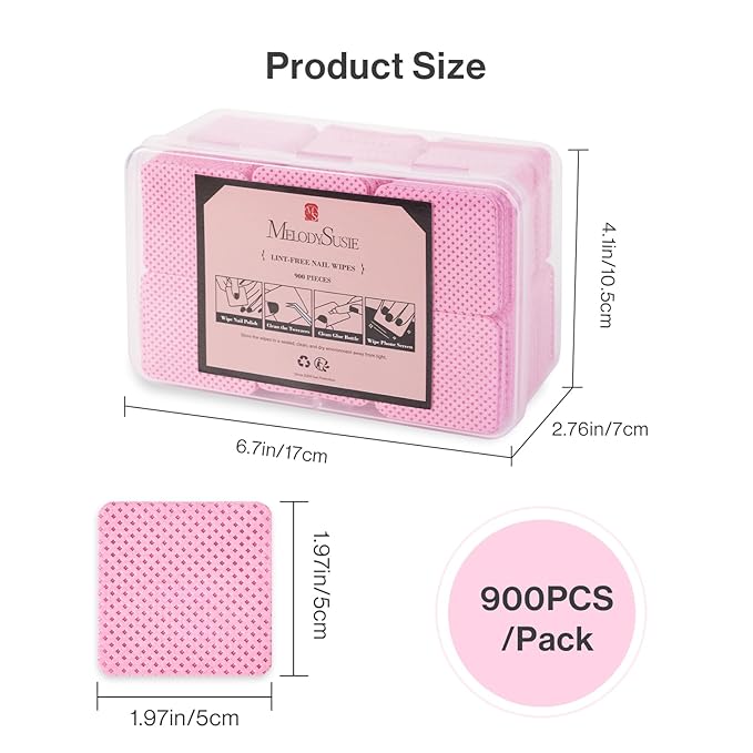MelodySusie 900Pcs Lint Free Nail Wipes Super Absorbent Soft Non-Woven for Fingernail Polish Remover and Eyelash Extension Wipes for Nail Art