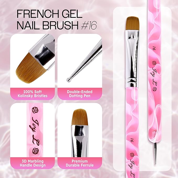 Ivy L Premium 2 Way French Gel Acrylic Nail Art Kolinsky Brush with Dotting Tool for Professional Manicure Cuticle Clean up Nail Art Design (Size # 16, Pink Marble)
