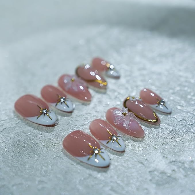 Short Brown French Tip Press On Nails ，3D Metallic Rhinestones style Design Handmade Press On Nails ，Reusable Glam Art Acrylic False Nails (10 PCS)