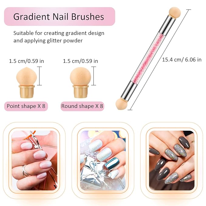Maitys 4 Pcs UV Gel Gradient Sponges Pens with 16 Pcs Replacement Head Nail Sponges for Ombre Double Head Brush for Nail Art Manicure DIY Tools(Pink, Purple, Champagne, Blue)