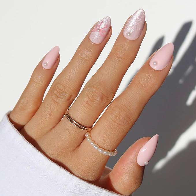 Valentines Day Glamnetic Press On Nails - Love Knot | Short Almond Fake Nails with 3D Pearls, Ribbon Bow Designs in a mix of Velvet & Glossy Finishes | 15 Sizes - 30 Nail Kit with Glue