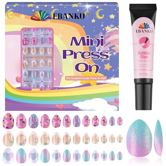 EBANKU Press on Nails Kid, 72Pcs Almond Fake Nails Kid Flower Heart Acrylic Nails with Nail Glue for Girl Home Decor