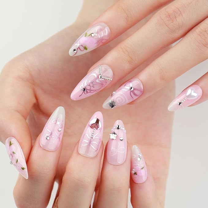 evpct Spring & Summer Press on Nails Medium Almond, Warm Pink Fake Nails Press ons with 3D Flower Design, Light Weight Perfectly Fit Fake Nails for Women Gift, Fake Nail Kit with Kits Gel, 24Pcs