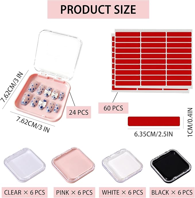 24Pcs Press on Nail Box Packaging, Nail Container for Press Ons Storage with 60Pcs Adhesive Double Sided Tape