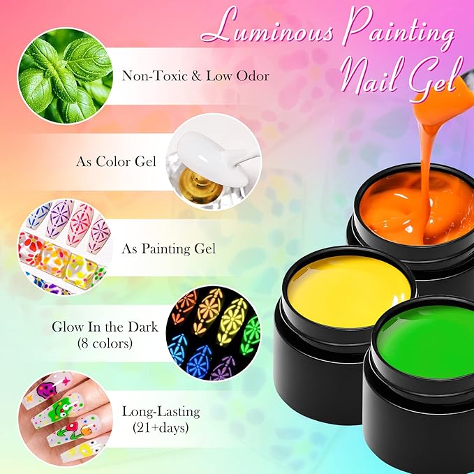 Glow in the Dark Paint for Nail Art Kit, 12 Colors Neon Luminous Polish, Fluorescent Bright Colors Yellow Green Blue Orange Soak off UV Gel With Glow Effect