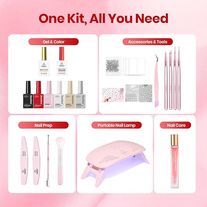 Beetles 22 Pcs HEMA-Free Gel Nail Polish Kit with U V Light - 6 Color Pink Black White Red Shiver Glitter Gel Polish Set Timeless Charm Gift-Ready Package Salon Manicure Kit Women Girls Teens Gifts