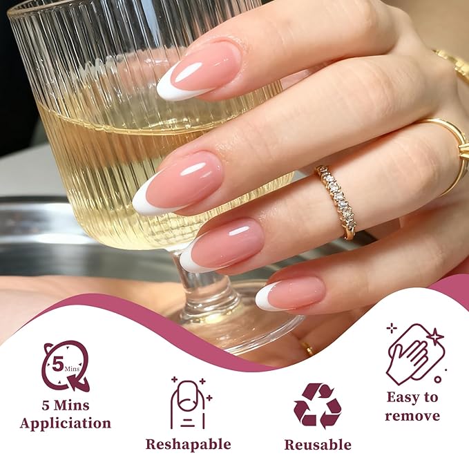 120PC White French Tip Press on Nails Medium Fake Nails Press ons with 5*Adhesive Tabs, Pink Almond Acrylic Nail Press on Nail French Tip Nails False Artificial Fingernails Stick on Nails-J