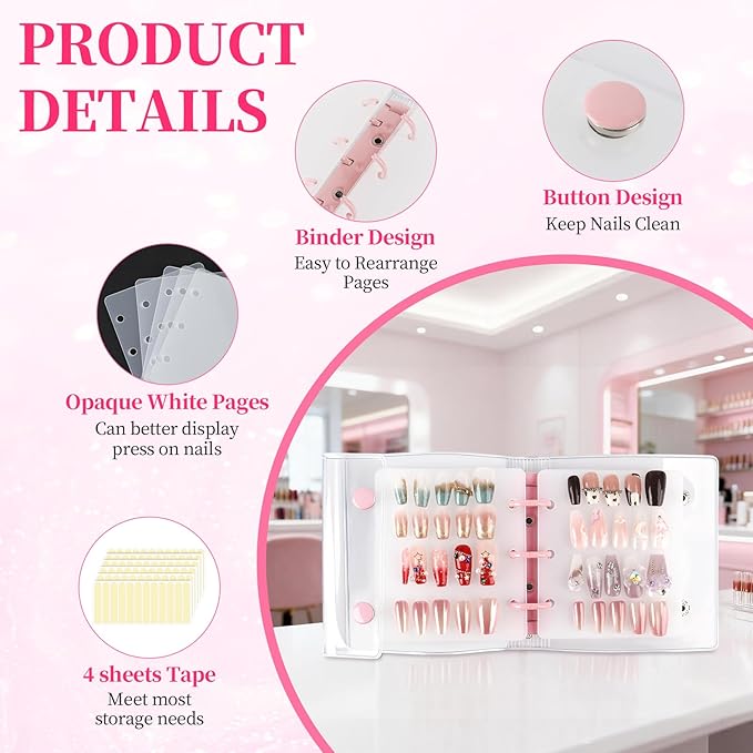 Press On Nail Organizer, 2Pcs Press On Nail Binder Book with 12 Insert Pages-A8 Sized & Double Sized Tape, Fake Nails Swatch Display Collecting Storage Book(Pink+White)