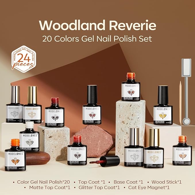 modelones 24PCS Gel Nail Polish Set, Fall Winter Cat Eye Shimmer Gel Polish Kit Soak Off with Glitter, Glossy and Matte Top Base Coat DIY Manicure at Home