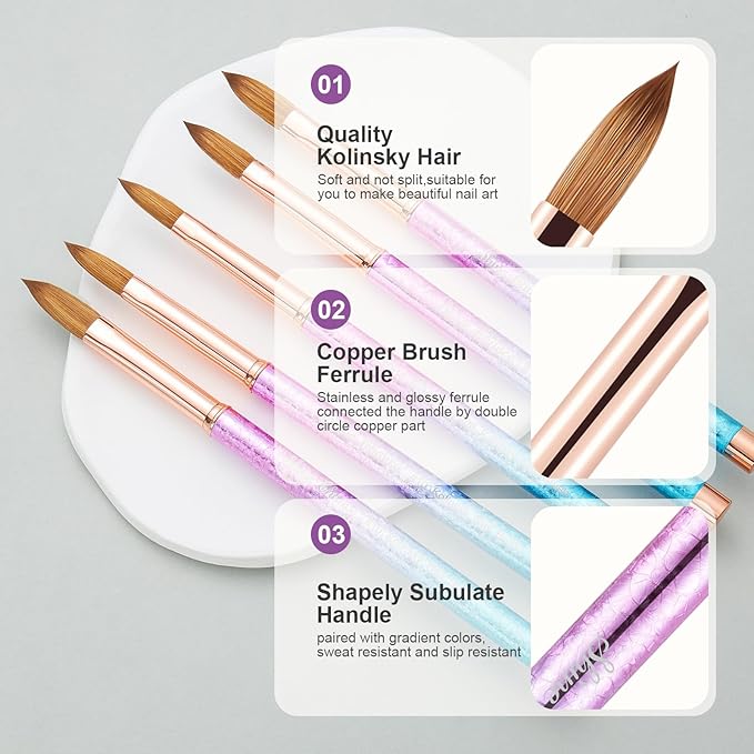 Acrylic Nail Brush Size 08, 100% Pure Kolinsky Nail Brush for Acrylic Application, Professional Nail Extension Manicure Tool Nail Drawing Pen for DIY Home Salon