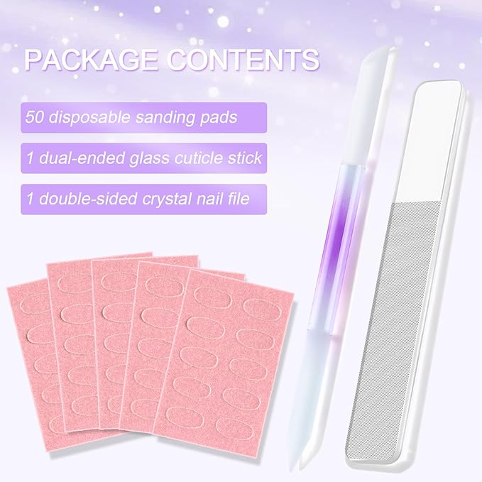 Glass Nail File and Cuticle Pusher Set, Dual-Ended Crystal Cuticle Stick with Sanding Pads, Gentle Prep and Care Tools for Natural Nails, Home Manicure & Pedicure Salon Supplies (#2)
