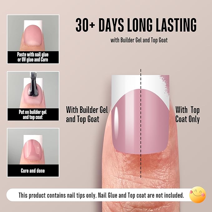 White French Tip Short Straight Square Nail Tips Press on, BERRY PINK Extra Thick NEED Soft Gel Nail Extension, Need Builder gel & Top,Coat Full Cover False Nails, for DIY x 15 Sizes 150 pcs